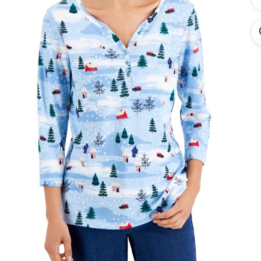 NEW Karen Scott Holiday Top 3/4th Sleeves Petite P Blue Cotton Blend Winter Snow